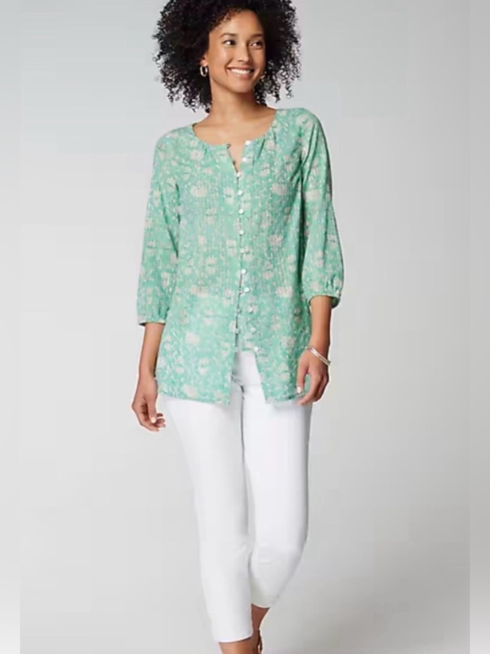 J. Jill Pure Jill 100% Cotton Tunic Aqua with White Vines, Women’s Size L